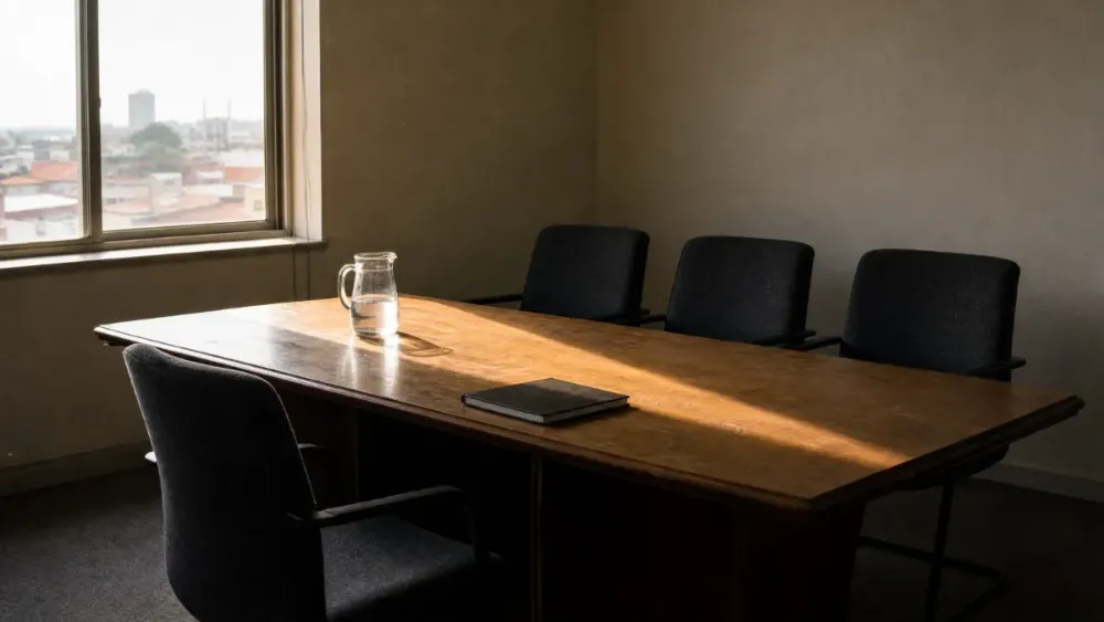 An empty Nairobi meeting room set for a disciplinary hearing, late afternoon light across the table